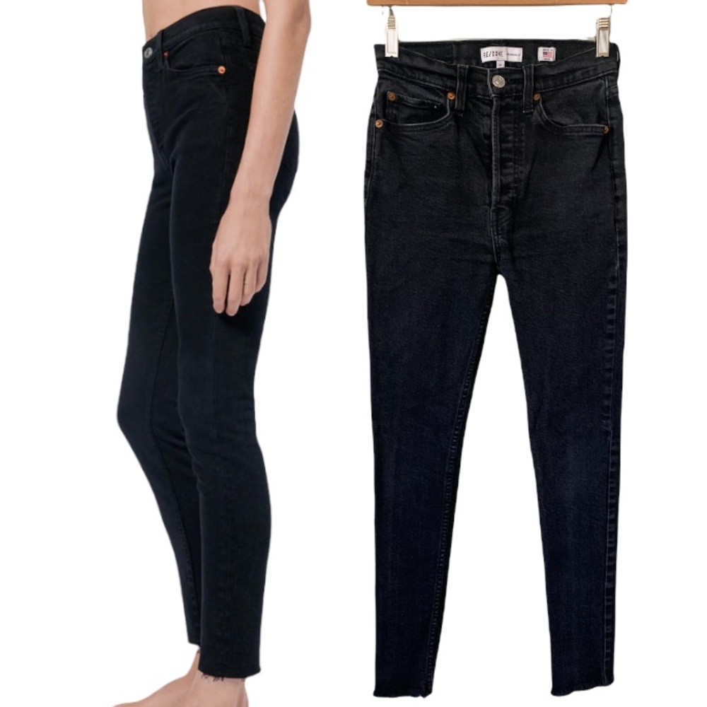 Re/Done  High Rise Ankle Crop black Frayed Hem size 27 jeans
